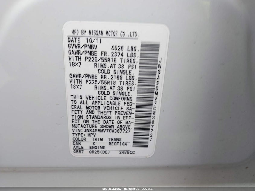 2012 Nissan Rogue VIN JN8AS5MV7CW367727 IAAI salvage auction — FRONT END, Clear (Kansas), sold $625 on 2026-07-22 (photo 9)