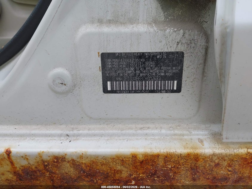2012 Subaru Impreza VIN JF1GJAB63CH002632 IAAI salvage auction — RIGHT REAR, Original (Maine), sold $325 on 2026-07-27 (photo 9)