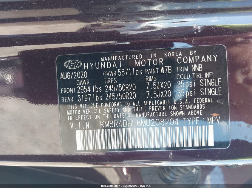 2021 Hyundai Palisade VIN KM8R4DHE6MU208204 IAAI salvage auction — LEFT SIDE, Salvage (Virginia), sold $4,550 on 2026-07-07 (photo 9)