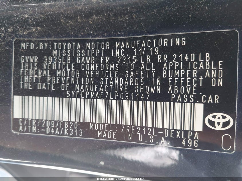 2020 Toyota Corolla VIN 5YFEPRAE7LP091147 IAAI salvage auction — FRONT END, Salvage (Missouri), sold $2,350 on 2026-07-16 (photo 9)