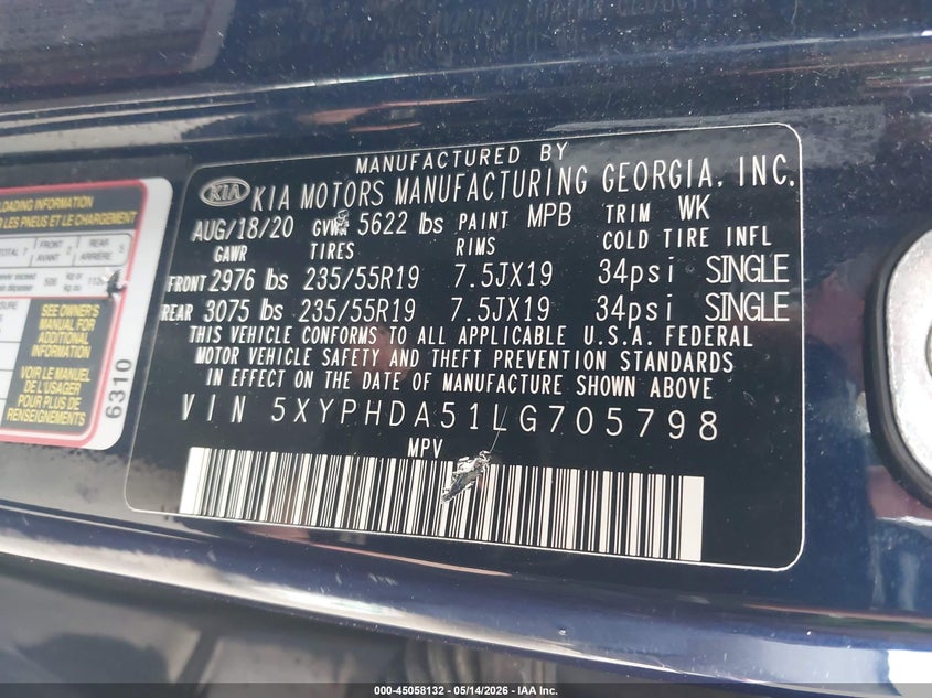 2020 Kia Sorento VIN 5XYPHDA51LG705798 IAAI salvage auction — HAIL, Salvage (Ohio), sold $3,700 on 2026-07-14 (photo 9)