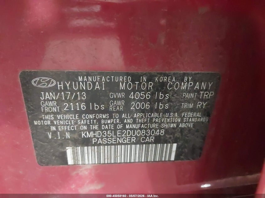2013 Hyundai Elantra VIN KMHD35LE2DU083048 IAAI salvage auction — LEFT REAR, Prior Salvage (Minnesota), sold $425 on 2026-07-08 (photo 9)