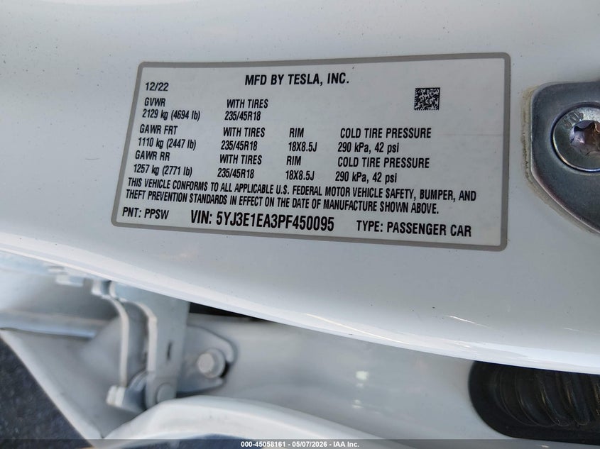 2023 Tesla Model 3 VIN 5YJ3E1EA3PF450095 IAAI salvage auction — SIDE, Rebuildable (Florida), sold $5,750 on 2026-07-09 (photo 9)