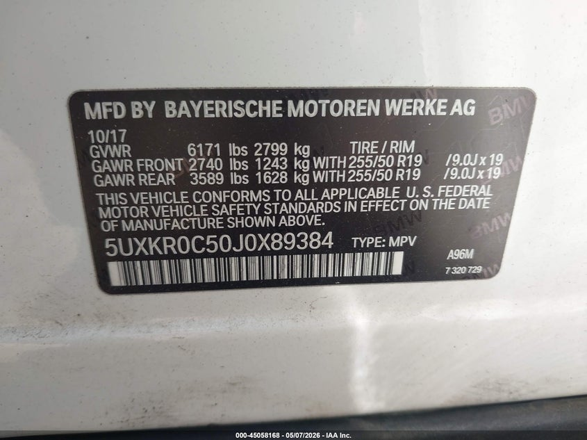 2018 BMW X5 VIN 5UXKR0C50J0X89384 IAAI salvage auction — REAR END, Salvage (Idaho), sold $3,650 on 2026-07-08 (photo 9)