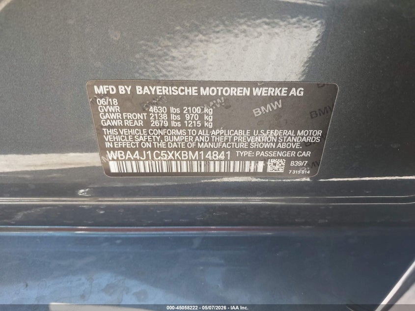 2019 BMW 4er VIN WBA4J1C5XKBM14841 IAAI salvage auction — NORMAL WEAR, Clear (Florida), sold $5,500 on 2026-07-08 (photo 9)