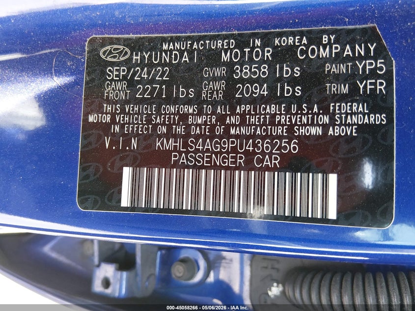 2023 Hyundai Elantra VIN KMHLS4AG9PU436256 IAAI salvage auction — FRONT & REAR, Certificate Of Destruction (Florida), sold $3,300 on 2026-07-09 (photo 9)