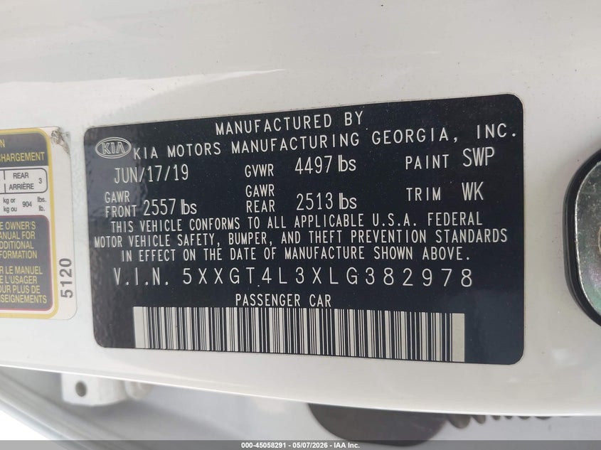 2020 Kia Optima VIN 5XXGT4L3XLG382978 IAAI salvage auction — REAR END, Salvage (Texas), sold $2,175 on 2026-07-06 (photo 9)