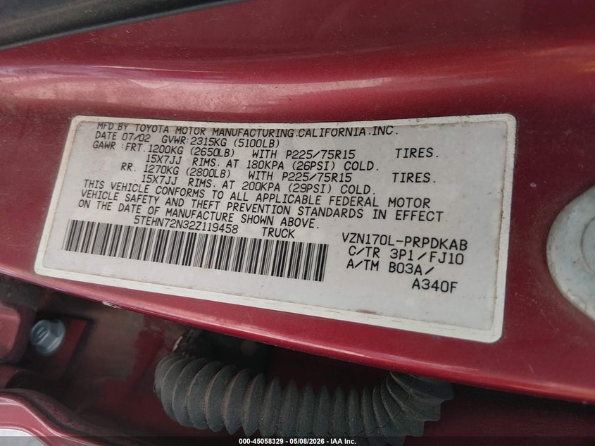 2002 Toyota Tacoma VIN 5TEHN72N32Z119458 IAAI salvage auction — FRONT END, Salvage (West Virginia), sold $3,750 on 2026-07-09 (photo 9)