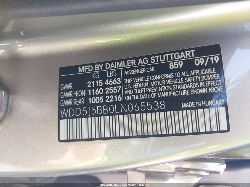 2020 Mercedes-benz VIN WDD5J5BB0LN065538 IAAI salvage auction — FRONT END, Rebuildable (Florida), sold $10,000 on 2026-07-28 (photo 9)