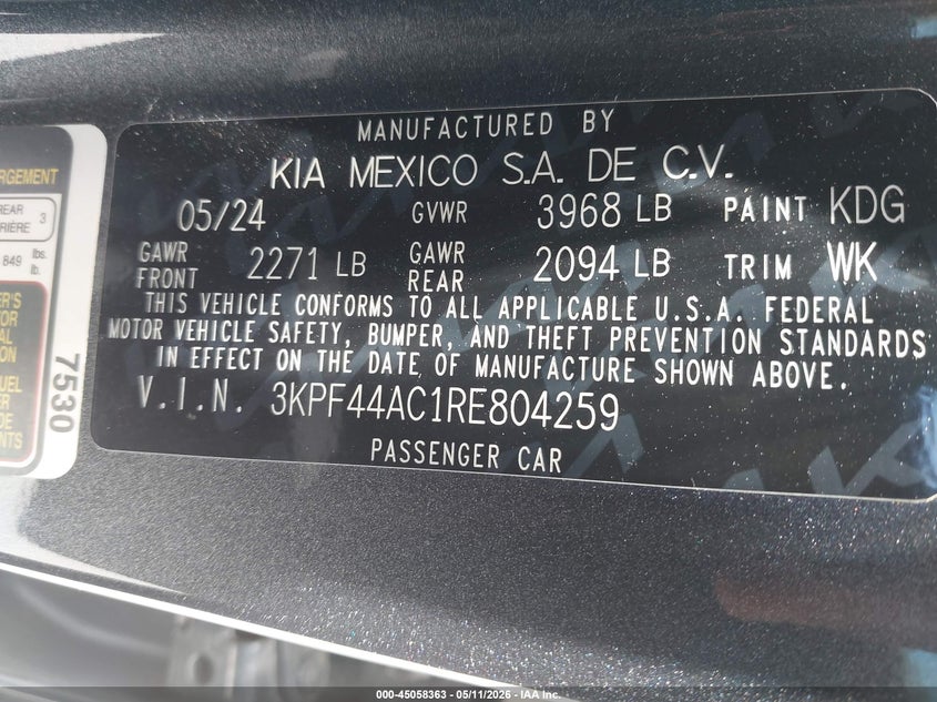 2024 Kia Forte VIN 3KPF44AC1RE804259 IAAI salvage auction — SIDE, Original (Texas), sold $7,000 on 2026-09-03 (photo 9)