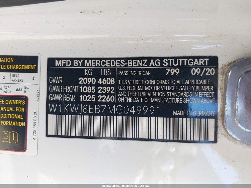 2021 Mercedes-benz VIN W1KWJ8EB7MG049991 IAAI salvage auction — UNKNOWN, Salvage Title, sold $6,600 on 2026-07-28 (photo 9)