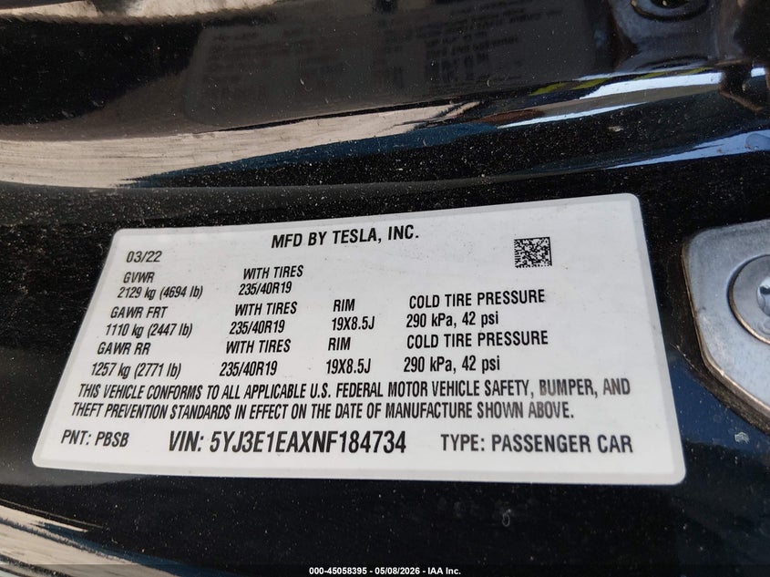 2022 Tesla Model 3 VIN 5YJ3E1EAXNF184734 IAAI salvage auction — FRONT END, Salvage (New Jersey), sold $2,000 on 2026-07-30 (photo 9)