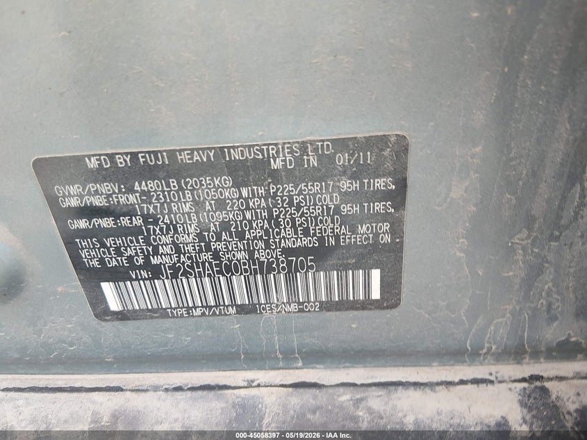 2011 Subaru Forester VIN JF2SHAEC0BH738705 IAAI salvage auction — FRONT END, Salvage (West Virginia), sold $675 on 2026-07-15 (photo 9)