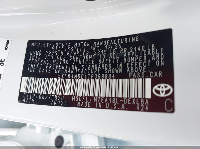 2026 Toyota Corolla VIN 5YFB4MDE4TP398804 IAAI salvage auction — SIDE, Rebuildable (Florida), sold $7,300 on 2026-07-12 (photo 9)
