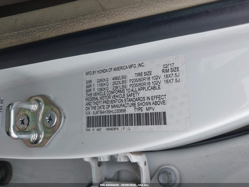 2017 Acura Rdx VIN 5J8TB4H39HL030896 IAAI salvage auction — REAR END, Original (Texas), sold $3,200 on 2026-07-10 (photo 9)