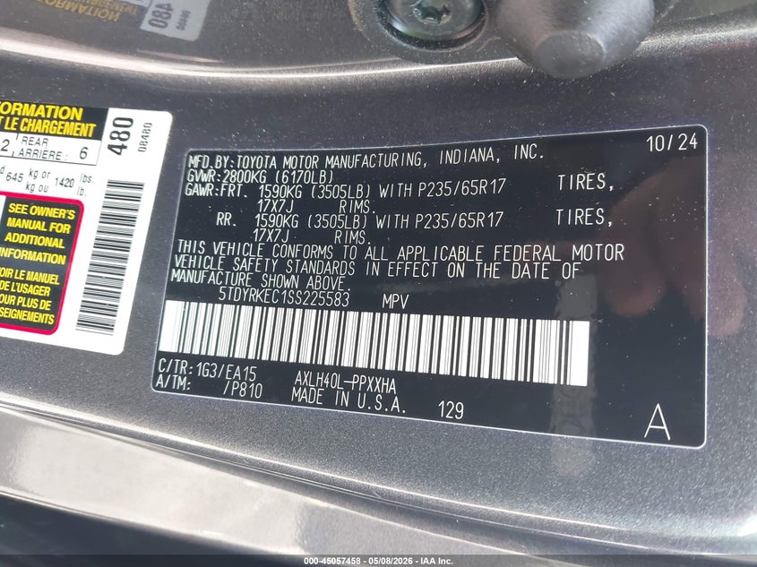 2025 Toyota Sienna VIN 5TDYRKEC1SS225583 IAAI salvage auction — FRONT & REAR, Salvage (Georgia), sold $18,050 on 2026-07-08 (photo 9)