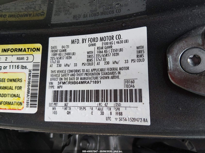 2021 Ford Bronco sport VIN 3FMCR9B64MRA71891 IAAI salvage auction — REAR END, Salvage (West Virginia), sold $3,850 on 2026-07-12 (photo 9)