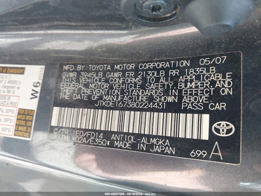 2008 Scion Tc VIN JTKDE167380224431 IAAI salvage auction — ALL OVER, Clear (Virginia), sold $25 on 2026-07-28 (photo 9)