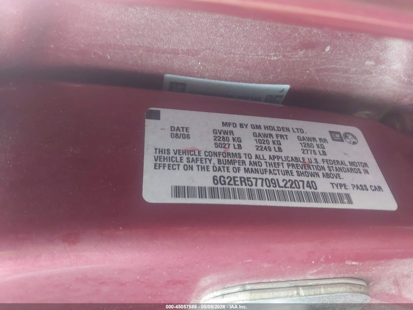 2009 Pontiac G8 VIN 6G2ER57709L220740 IAAI salvage auction — FRONT END, Salvage (Tennessee), sold $400 on 2026-07-14 (photo 9)