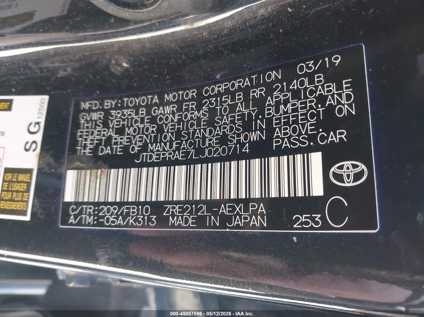 2020 Toyota Corolla VIN JTDEPRAE7LJ020714 IAAI salvage auction — HAIL, Salvage (Ohio), sold $3,550 on 2026-07-21 (photo 9)