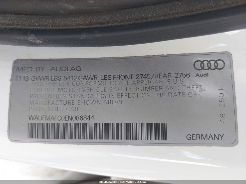 2014 Audi A6 VIN WAUFMAFC0EN086844 IAAI salvage auction — FRONT END, Salvage (Iowa), sold $25 on 2026-07-28 (photo 9)