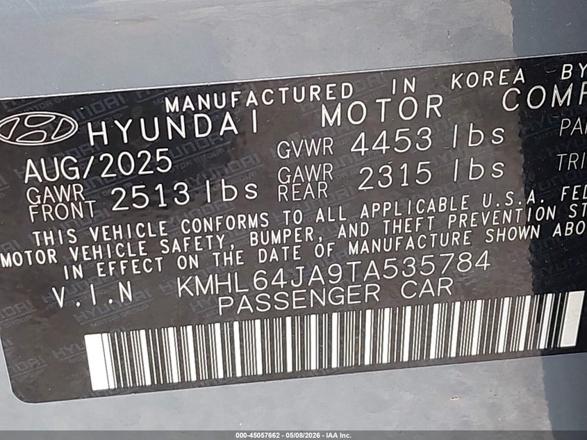 2026 Hyundai Sonata VIN KMHL64JA9TA535784 IAAI salvage auction — HAIL, Original (Texas), sold $12,000 on 2026-07-28 (photo 9)