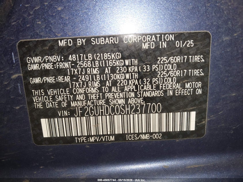 2025 Subaru Xv VIN JF2GUHDC0SH237700 IAAI salvage auction — RIGHT SIDE, Salvage (Minnesota), sold $1,100 on 2026-07-28 (photo 9)