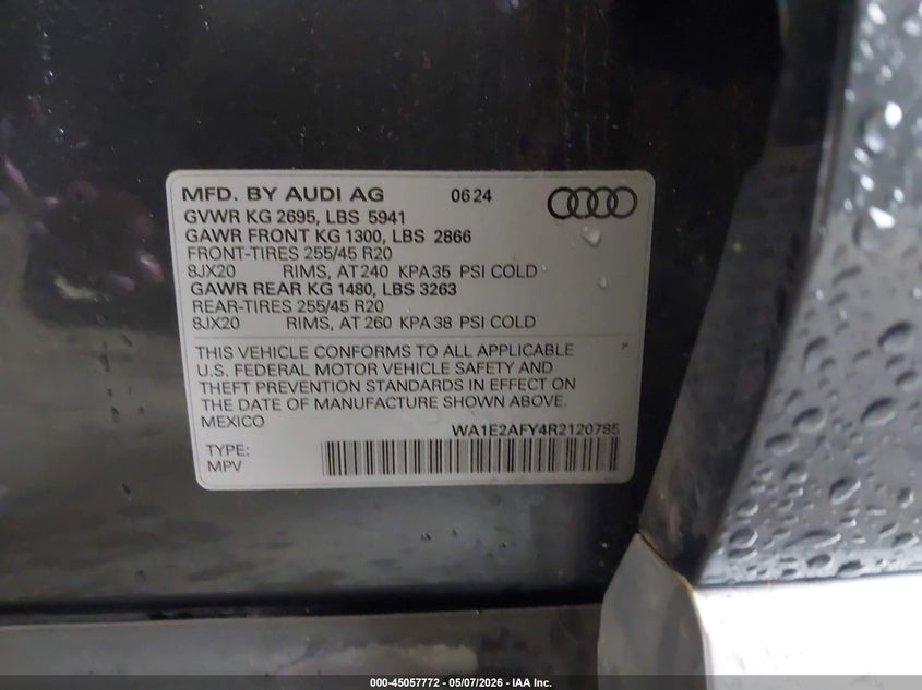 2024 Audi Q5 VIN WA1E2AFY4R2120785 IAAI salvage auction — FRONT END, Salvage Title, sold $17,700 on 2026-07-26 (photo 9)