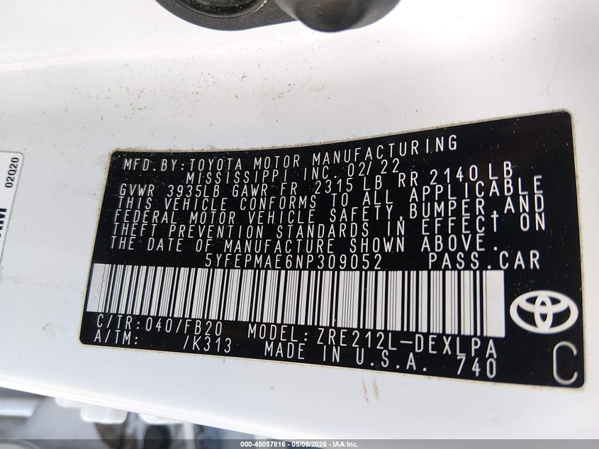 2022 Toyota Corolla VIN 5YFEPMAE6NP309052 IAAI salvage auction — STORM DAMAGE, Salvage Title, sold $5,250 on 2026-07-22 (photo 9)