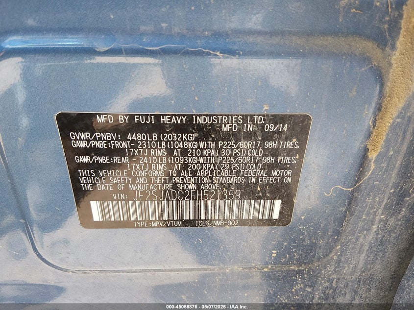 2015 Subaru Forester VIN JF2SJADC2FH521359 IAAI salvage auction — HAIL, Clear (Kansas), sold $1,400 on 2026-07-05 (photo 9)