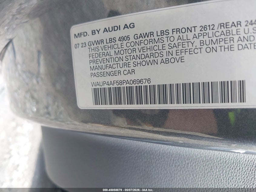 2023 Audi S5 VIN WAUP4AF58PA069676 IAAI salvage auction — REAR END, Mv-907A (New York), sold $16,150 on 2026-07-21 (photo 9)