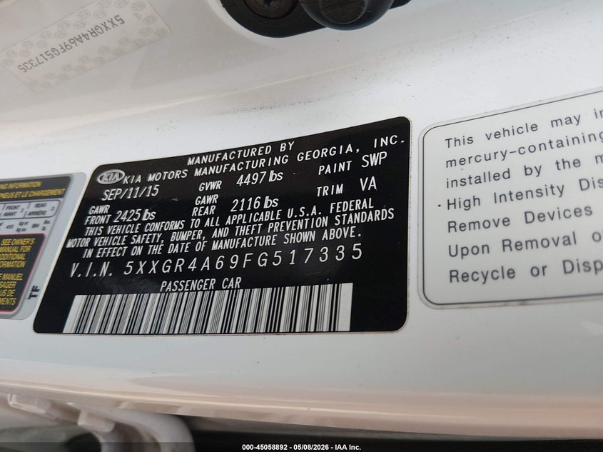 2015 Kia Optima VIN 5XXGR4A69FG517335 IAAI salvage auction — FRONT END, Salvage (Texas), sold $175 on 2026-07-07 (photo 9)