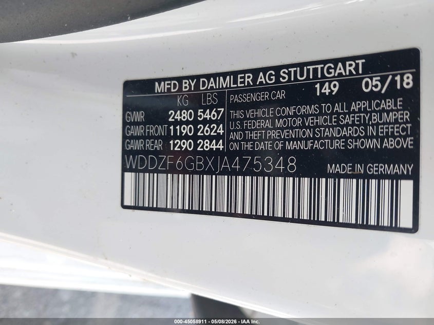 2018 Mercedes-benz E-klasse VIN WDDZF6GBXJA475348 IAAI salvage auction — FRONT & REAR, Salvage (Idaho), sold $5,350 on 2026-08-03 (photo 9)