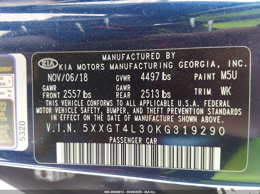 2019 Kia Optima VIN 5XXGT4L30KG319290 IAAI salvage auction — RIGHT REAR, Salvage (Missouri), sold $1,700 on 2026-07-07 (photo 9)