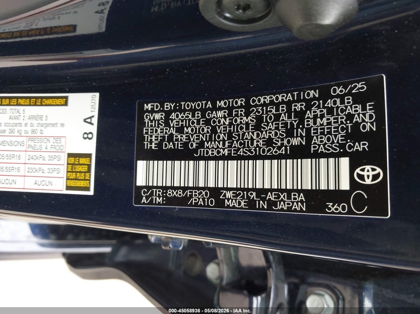 2025 Toyota Corolla VIN JTDBCMFE4S3102641 IAAI salvage auction — FRONT END, Original (Texas), sold $5,700 on 2026-07-11 (photo 9)