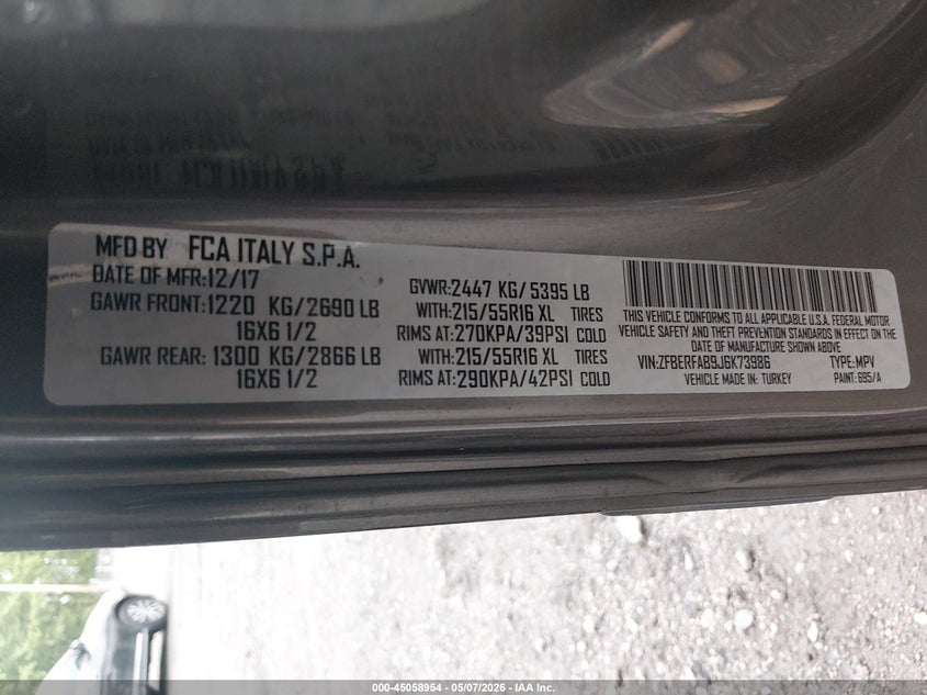 2018 Ram Promaster city VIN ZFBERFAB9J6K73986 IAAI salvage auction — REAR END, Wait Title, sold $3,100 on 2026-08-12 (photo 9)