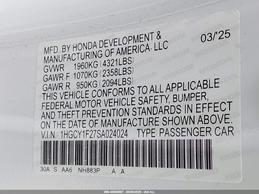 2025 Honda Accord VIN 1HGCY1F27SA024024 IAAI salvage auction — FRONT END, Original (Texas), sold $9,200 on 2026-07-09 (photo 9)