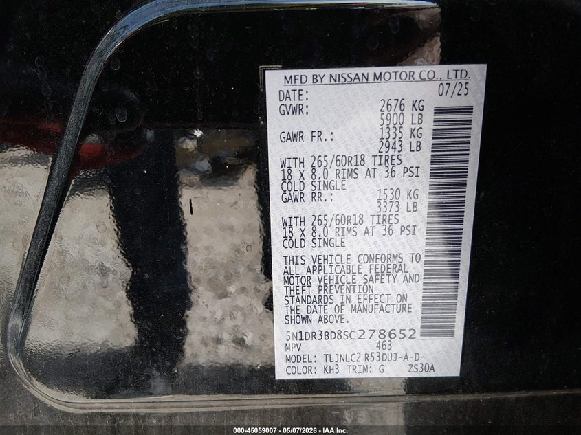 2025 Nissan Pathfinder VIN 5N1DR3BD8SC278652 IAAI salvage auction — FRONT END, Salvage (Ohio), sold $5,100 on 2026-07-29 (photo 9)