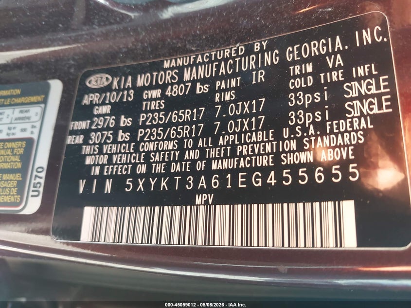 2014 Kia Sorento VIN 5XYKT3A61EG455655 IAAI salvage auction — REAR END, Salvage (Pennsylvania), sold $775 on 2026-07-31 (photo 9)