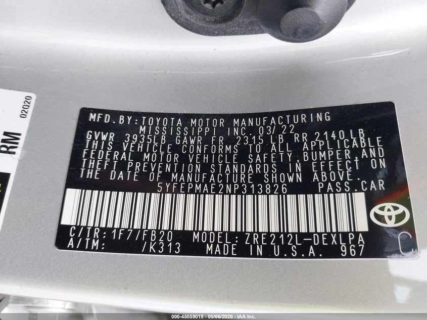 2022 Toyota Corolla VIN 5YFEPMAE2NP313826 IAAI salvage auction — SIDE, Original (Texas), sold $6,300 on 2026-07-11 (photo 9)