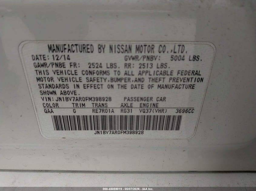 2015 Infiniti Q50 VIN JN1BV7AR0FM398928 IAAI salvage auction — REAR END, Salvage (Texas), sold $2,500 on 2026-07-29 (photo 9)