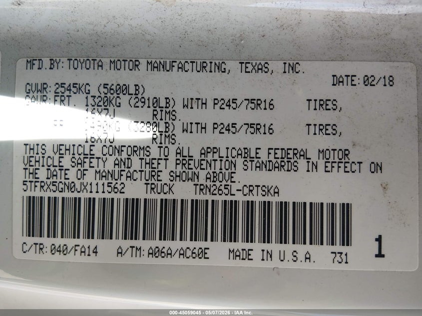 2018 Toyota Tacoma VIN 5TFRX5GN0JX111562 IAAI salvage auction — NORMAL WEAR, Salvage (Texas), sold $4,650 on 2026-07-23 (photo 9)