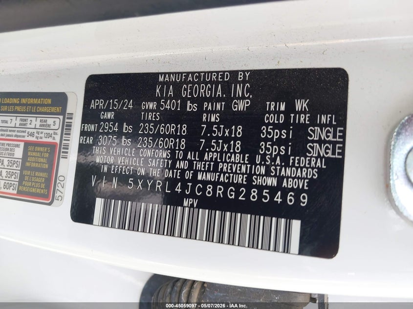 2024 Kia Sorento VIN 5XYRL4JC8RG285469 IAAI salvage auction — SIDE, Salvage (Georgia), sold $10,300 on 2026-07-13 (photo 9)