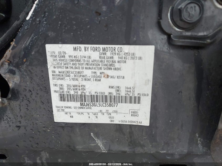 2020 Ford Ecosport VIN MAJ6S3GL5LC358077 IAAI salvage auction — LEFT SIDE, Certificate Of Destruction (Florida), sold $1,150 on 2026-07-30 (photo 9)