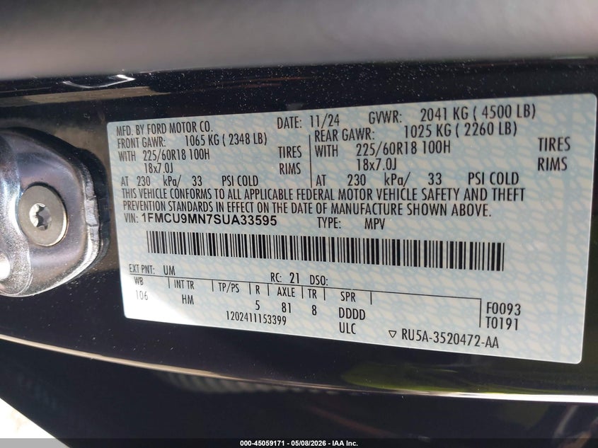 2025 Ford Escape VIN 1FMCU9MN7SUA33595 IAAI salvage auction — FRONT END, Salvage Title, sold $7,050 on 2026-07-22 (photo 9)