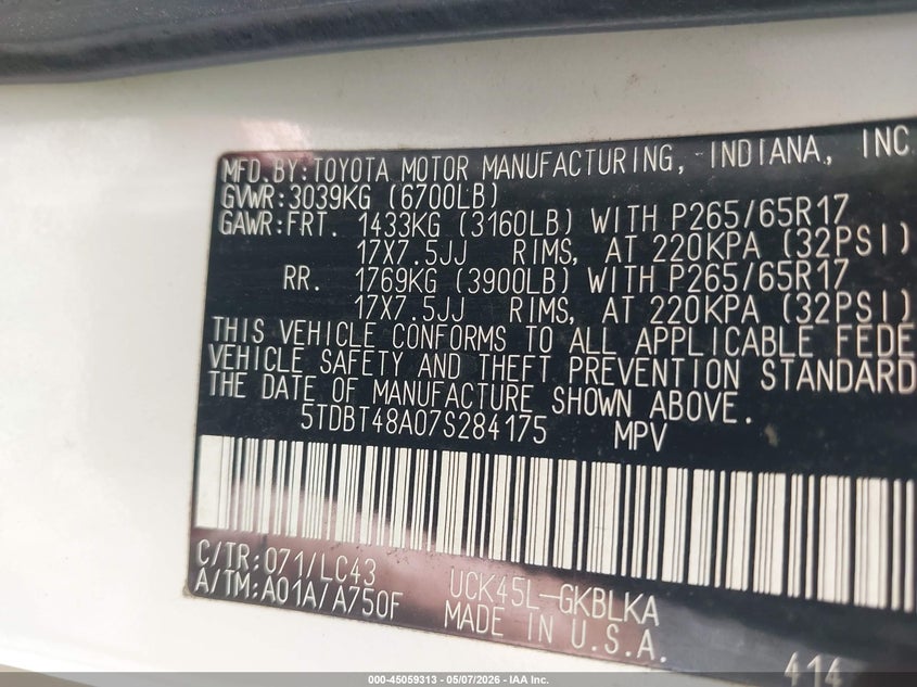 2007 Toyota Sequoia VIN 5TDBT48A07S284175 IAAI salvage auction — LEFT SIDE, Salvage (North Carolina), sold $1,700 on 2026-07-24 (photo 9)