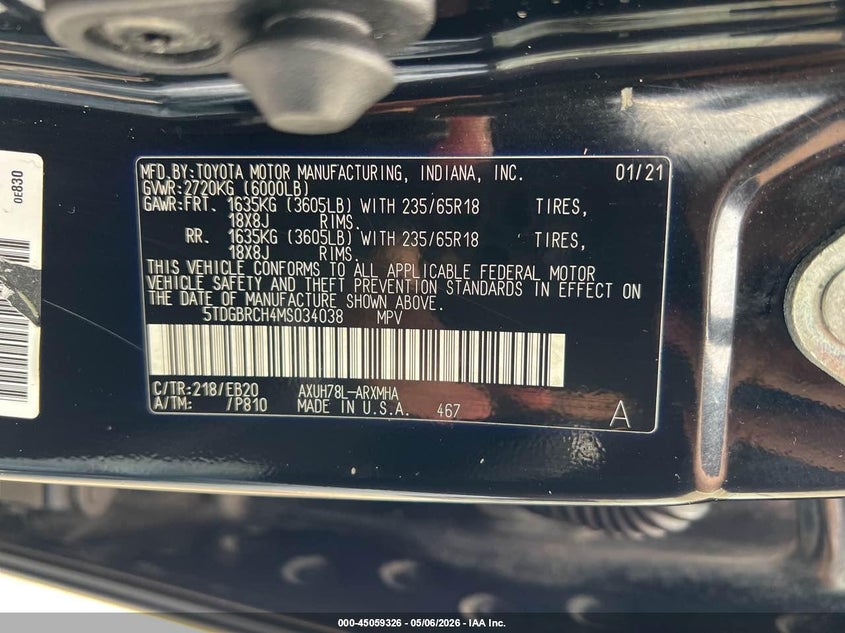 2021 Toyota Highlander hybrid VIN 5TDGBRCH4MS034038 IAAI salvage auction — NORMAL WEAR, Clear (New York), sold $15,100 on 2026-07-08 (photo 9)
