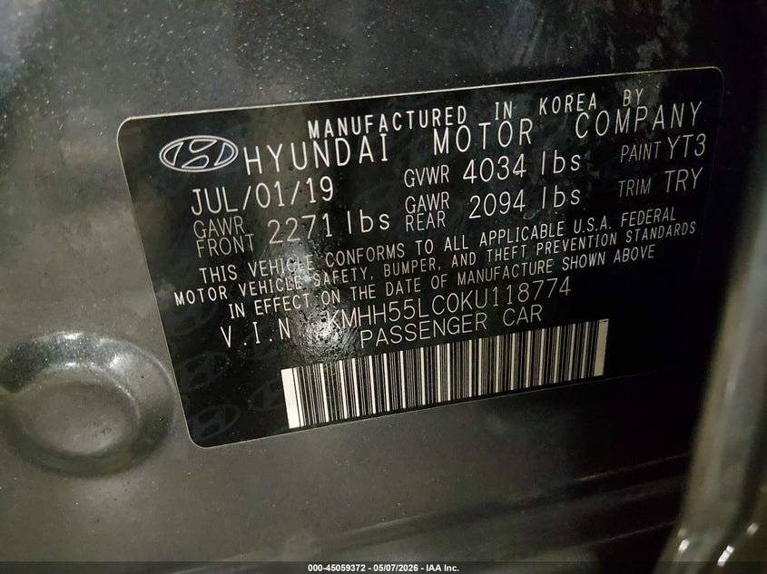 2019 Hyundai Elantra VIN KMHH55LC0KU118774 IAAI salvage auction — UNDERCARRIAGE, Salvage (Idaho), sold $2,700 on 2026-07-31 (photo 9)