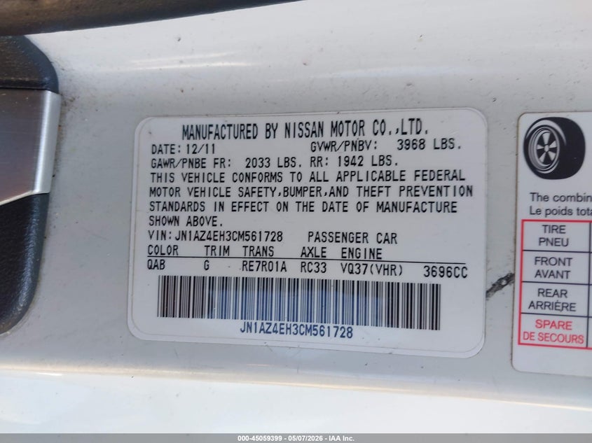 2012 Nissan 370z VIN JN1AZ4EH3CM561728 IAAI salvage auction — RIGHT SIDE, Clear (Oklahoma), sold $4,150 on 2026-07-08 (photo 9)