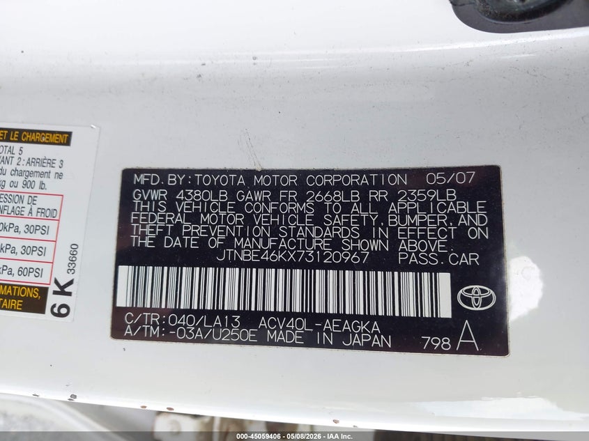 2007 Toyota Camry VIN JTNBE46KX73120967 IAAI salvage auction — LEFT FRONT, Certificate Of Title (Nebraska), sold $1,200 on 2026-07-09 (photo 9)